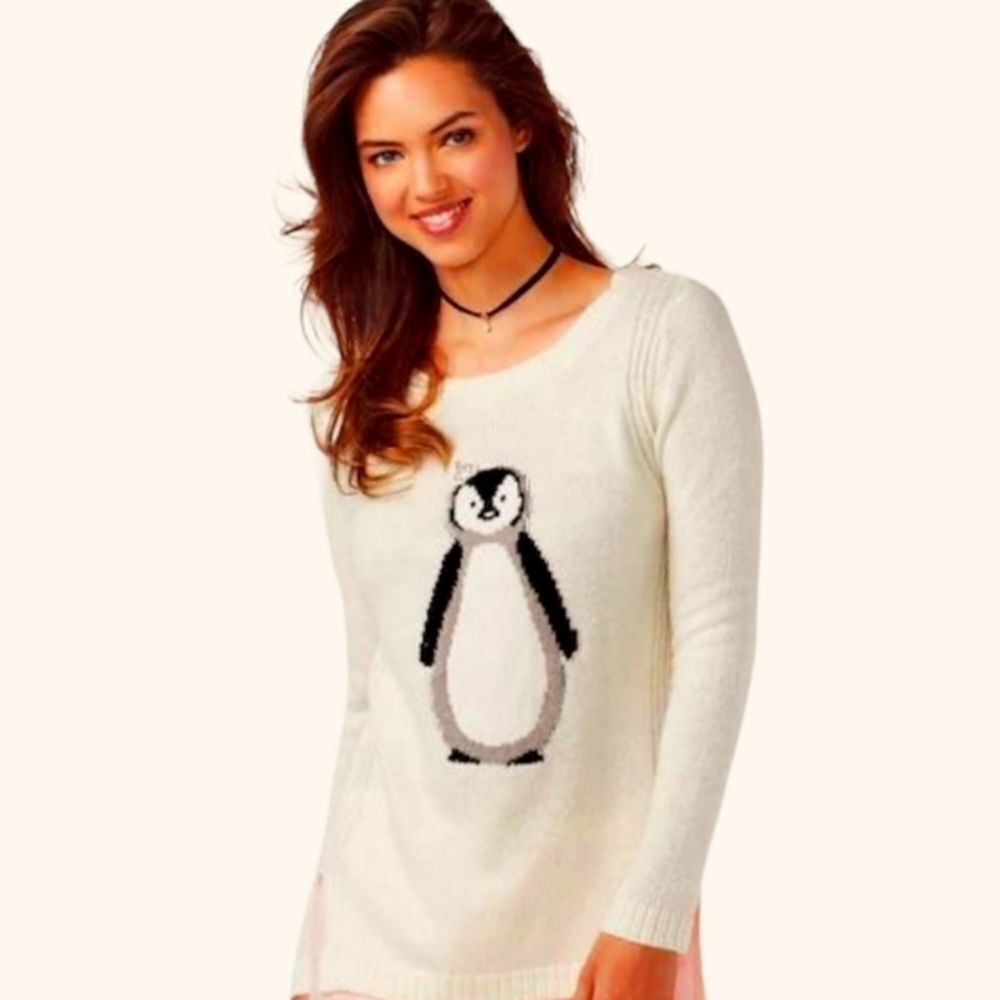 LC LAUREN CONRAD IVORY CREAM PENGUIN KNIT SWEATER DIAMOND RHINESTONE NOVELTY XS
